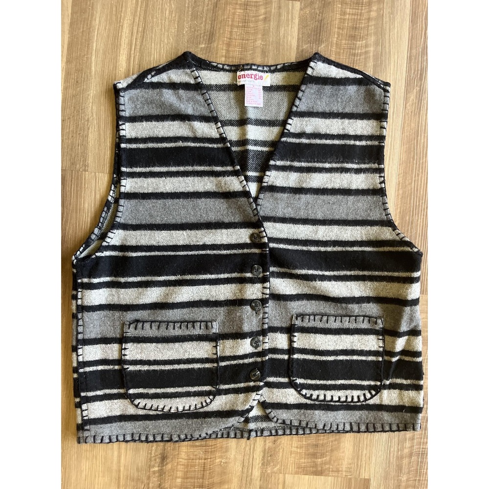 Energie Vest Womens Small Gray Black Stripe Wool Blend Button Front Pockets